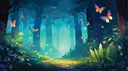 Colorful animation of butterflies and fireflies in a