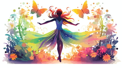 Colorful magical dancing fairy in enchanted fantasy f