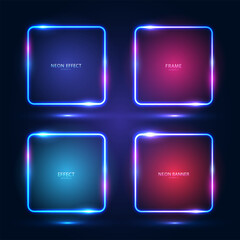 A set of four square neon frames with shining effects, highlights on a dark blue background. Futuristic modern neon glowing banners. Vector illustration.