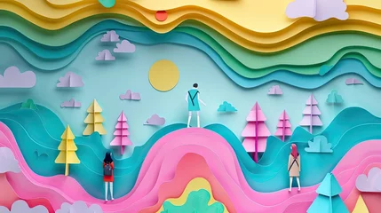 Papier Peint photo Lavable Montagnes Vibrant Papercut Landscape of Whimsical Mountains and Clouds in a Digital Dreamscape