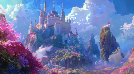 Zooming into an enchanting fortress atop a mystical hill in a vibrant animated scene. - obrazy, fototapety, plakaty