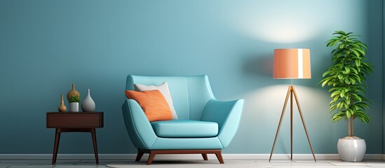Fototapeta premium A close-up of a vibrant blue chair standing in a well-lit room next to a modern lamp, creating a cozy and stylish interior