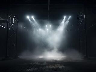 Smoky silver Light Shapes in the Dark,on the empty stage  - obrazy, fototapety, plakaty