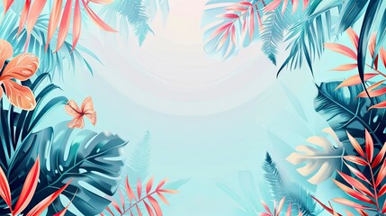 Fototapeta na wymiar Colorful summer background with abstract illustration with jungle exotic leaves