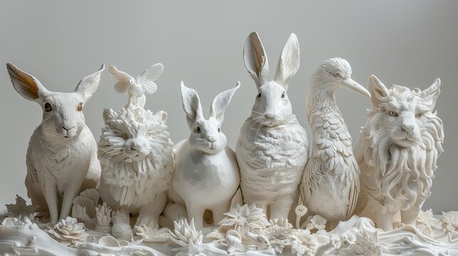 Fluffy White Rabbits Assortment Displayed in a Studio Setting
