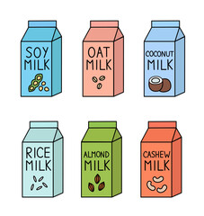 Vegan milk set. Almond, soy, rice, coconut, cashew, oat. Box Carton packaging. Collection of vector flat illustration. - obrazy, fototapety, plakaty