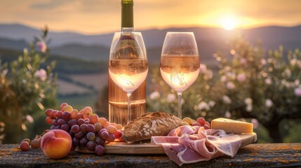 Bottle of rose wine and two full glasses of wine on table in heart of Provence, France with french bread, cheese, ham, grapes and peaches with olive trees on background in sunset.