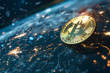 Digital Currency Evolution: Bitcoin Over Global Network, Bitcoin coin over a glowing digital world map