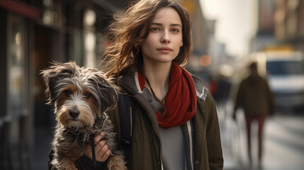 A contemplative young woman with her dog on a busy city street