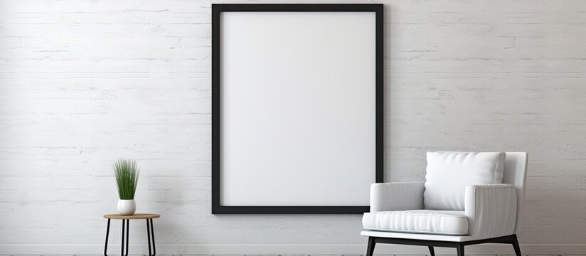 White chair with a cushion and a white picture in a frame hanging on a wall in a room with minimalistic decor