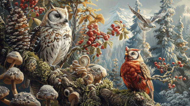 sfondo artistico con animali  in primo piano in mezzo alla natura con alberi fioriti, screensaver o carta da parati iperealitica , due gufi