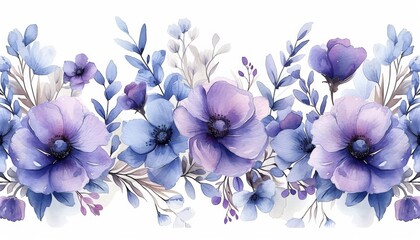 Watercolor painting of delicate purple and blue flowers with leaves and branches on a white background