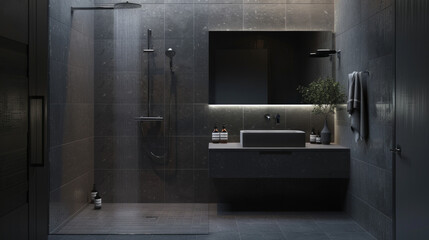 A sleek urban bathroom with gray tile walls, a floating vanity, and a walk-in shower with a rain showerhead