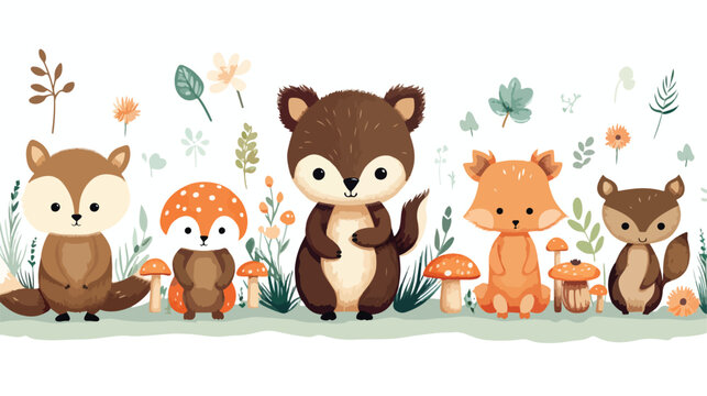 Cute picture forest animals. Bear fox deer mouse. Tre