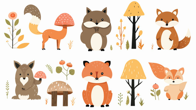 Cute picture forest animals. Bear fox deer mouse. Tre