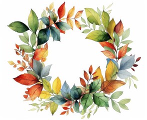Watercolor painting of vibrant autumn leaves wreath on a white background perfect for seasonal design