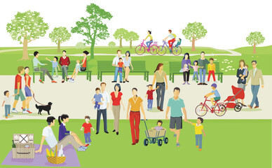 Erholung im Park  mit Familien und andere Personen, Illustration - obrazy, fototapety, plakaty