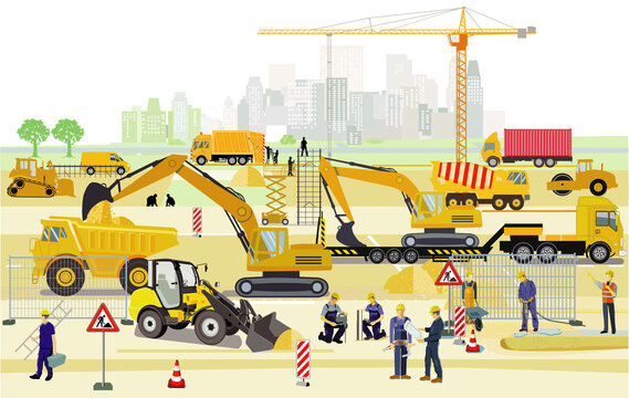 Fototapeta Handwerker und Bauarbeiter auf der Grossbaustelle,  illustration