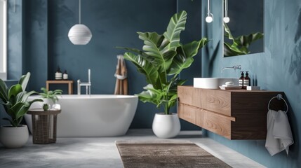 Modern minimalist bathroom interior, modern bathroom cabinet, white sink, wooden vanity, interior plants, bathroom accessories, bathtub and shower, white and blue walls, concrete floor