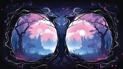 Dark fantasy landscape. Dark forest magic mirror. Dar