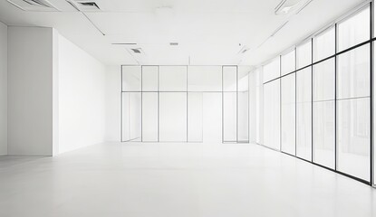 White room. white vacant building floor with black window frames and glass partition wall . A vacant tenant space for small office, schools restaurants. wide format. Generative AI - obrazy, fototapety, plakaty