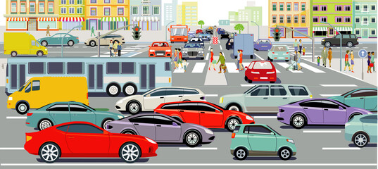 Stadtsilhouette einer Stadt mit Verkehr  und Personen, illustration