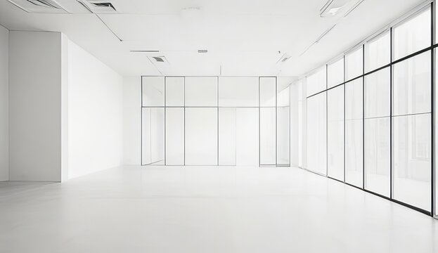 White room. white vacant building floor with black window frames and glass partition wall . A vacant tenant space for small office, schools restaurants. wide format. Generative AI