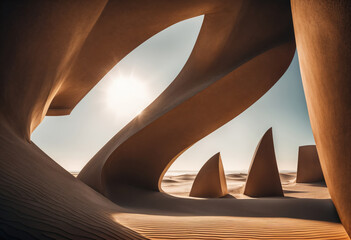desert landscape with a modern architectural structure in the foreground. The sun is shining in the sky, and there are sand dunes in the background. - 766269337