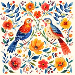 Folk Art Birds Tile Background Design - Hand Edited Generative AI