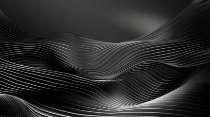 Poster Black abstract background design. Modern wavy line pattern (guilloche curves) in monochrome colors. Premium stripe texture for banner, business backdrop. Dark horizontal vector template © JovialFox