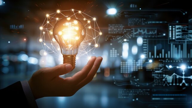 Businessman hand holding creative light bulb with industry network, analysis solution and development marketing network icons planning strategy, Modern business, Innovative of new ideas