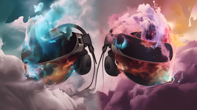 images of modern vr headsets with abstract clouds