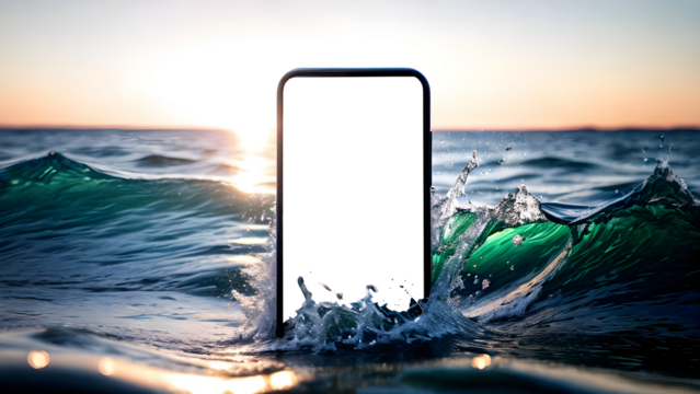 Mobile phone screen mockup. Blank smartphone display mock up in sea water, waves and splashes