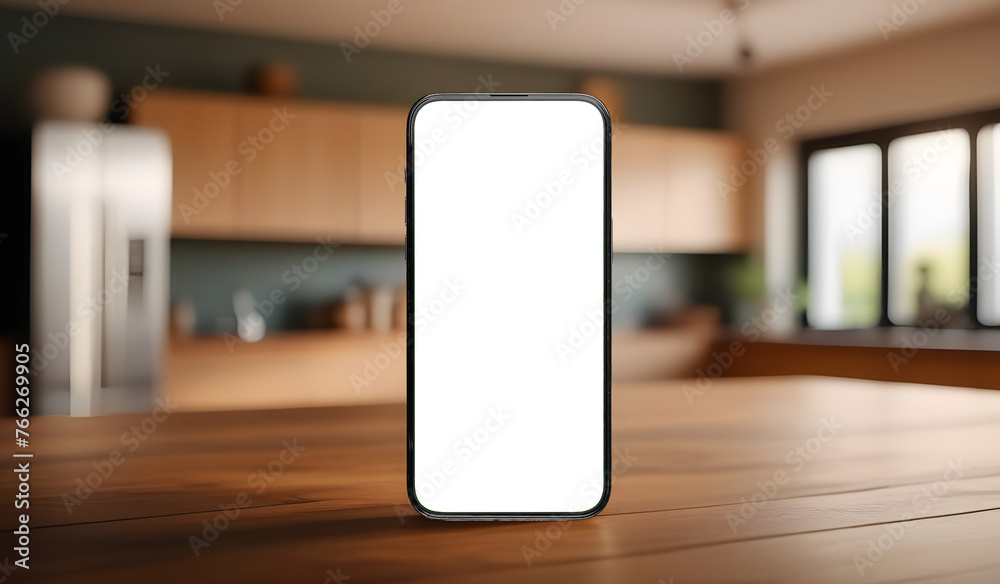 Poster mobile phone screen mockup. blank smartphone display mock up on kitchen counter for food recipe app