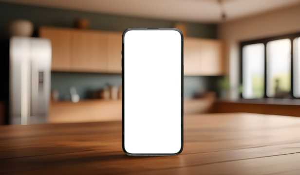 Mobile phone screen mockup. Blank smartphone display mock up on kitchen counter for food recipe app