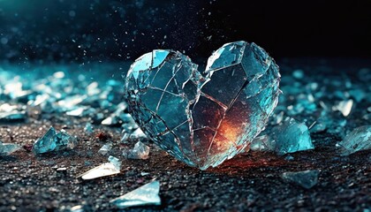 a smashed glass heart lying on the ground, surrounded by pieces of broken glass - obrazy, fototapety, plakaty