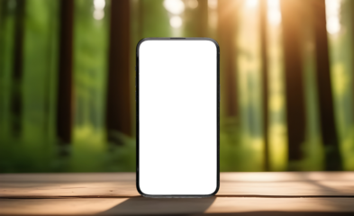 Mobile phone screen mockup. Blank smartphone display mock up. Forest, green woodland, nature