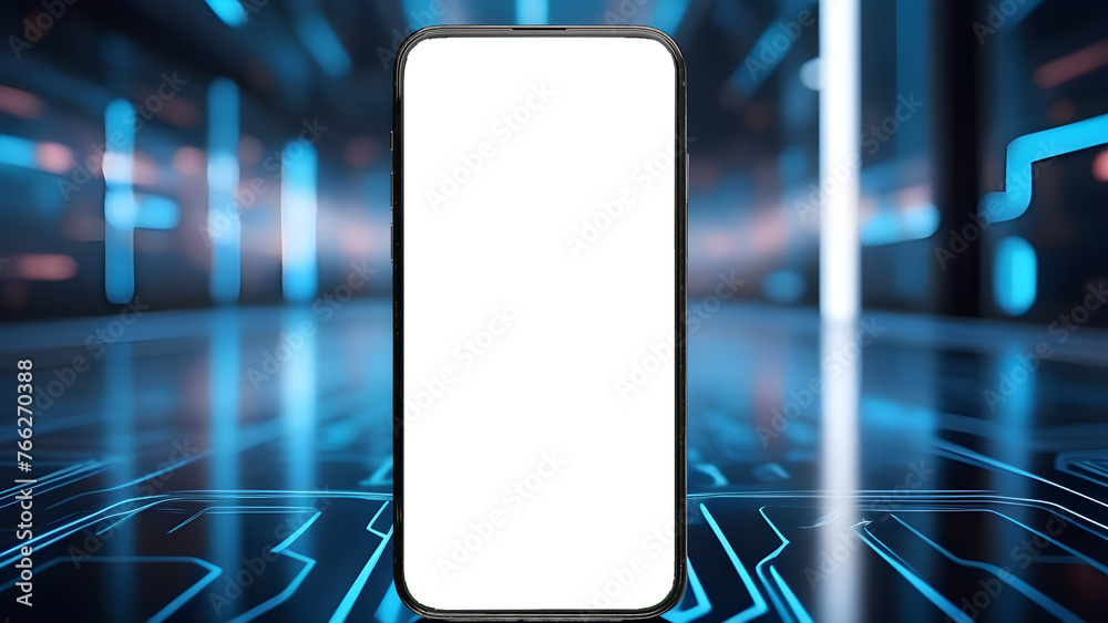 Poster mobile phone screen mockup. blank smartphone display mock up. futuristic neon background