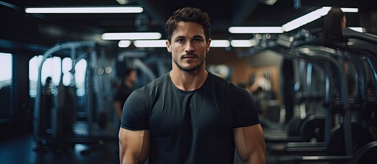 A focused man wearing a black shirt is standing inside a gym, surrounded by fitness equipment and...