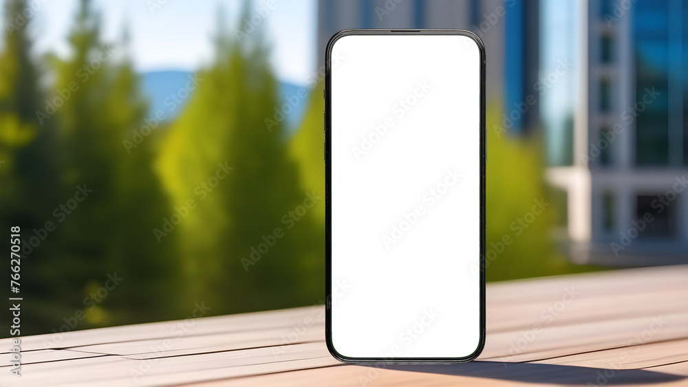 Poster Mobile phone screen mockup. Blank smartphone display mock up. Hotel and resort on background
