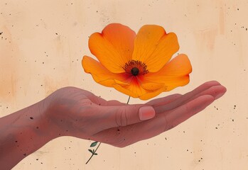 Hand holding orange flower in front of beige background with word 'love' written
