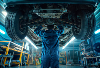 A mechanic in a blue uniform stands under a car in a garage and checks the condition of the brakes on raised car