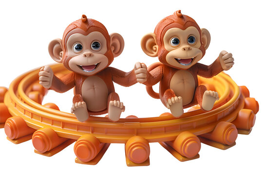 A whimsical 3D cartoon render of playful monkeys swinging on a circular track.