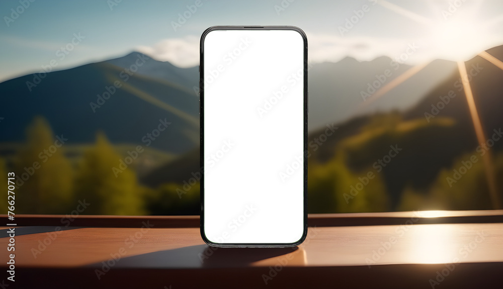 Poster Mobile phone screen mockup. Blank smartphone display mock up. Mountains and sun on background