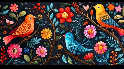 Folk Art Birds Tile Background Design - Hand Edited Generative AI - obrazy, fototapety, plakaty