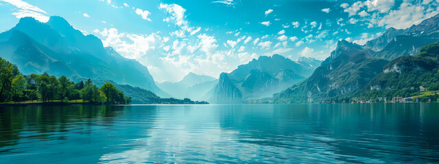 A beautiful mountain lake with a clear blue sky above - obrazy, fototapety, plakaty