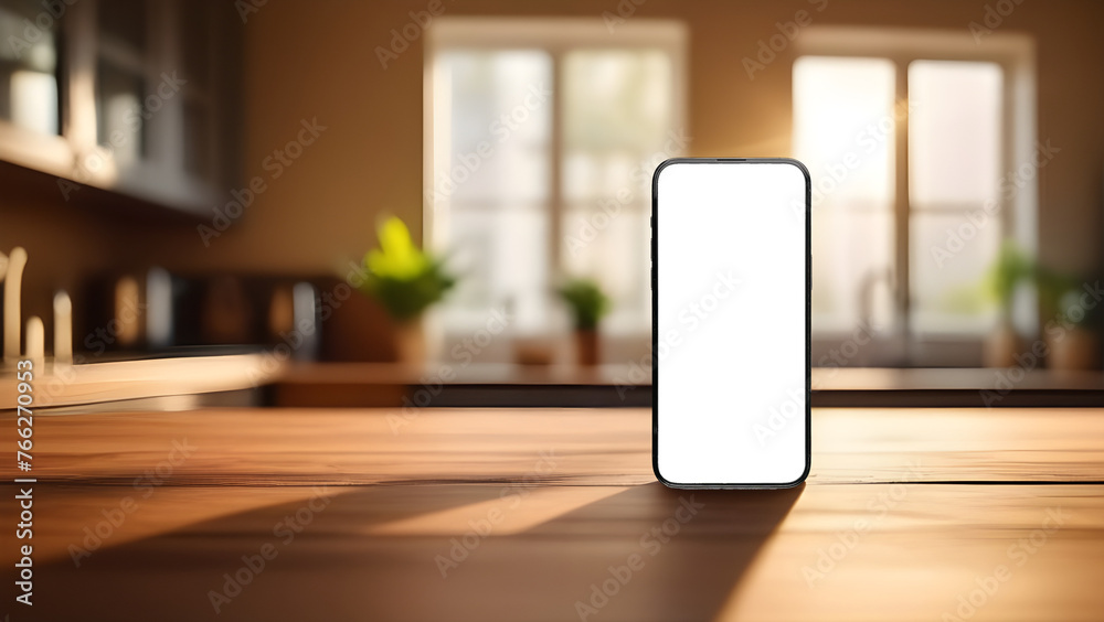 Poster mobile phone screen mockup. blank smartphone display mock up. kitchen counter and dining room