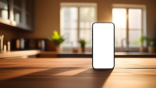 Mobile phone screen mockup. Blank smartphone display mock up. Kitchen counter and dining room