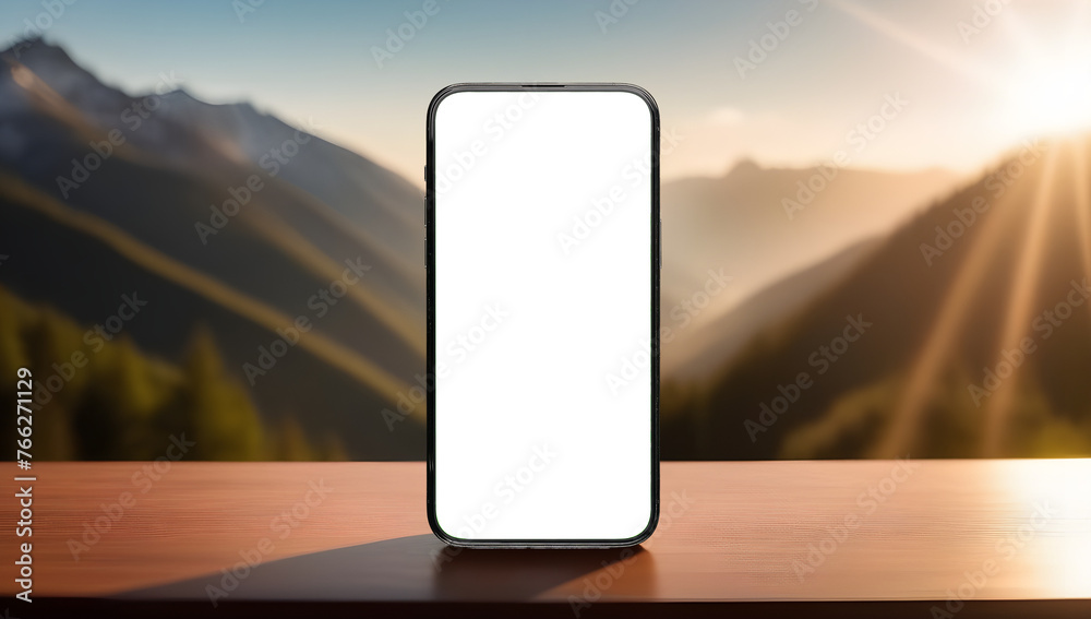 Poster mobile phone screen mockup. blank smartphone display mock up. mountains, rocks, nature background