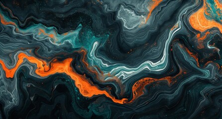 Vibrant Swirls of Orange, Black, and Blue on a Dynamic Black, White, and Orange Abstract Painting